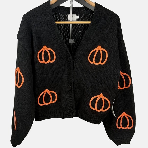 Luna Ivy Sweaters - New Luna Ivy Pumpkin Knit Cardigan Womens M Black Orange Embroidered Fall Autumn